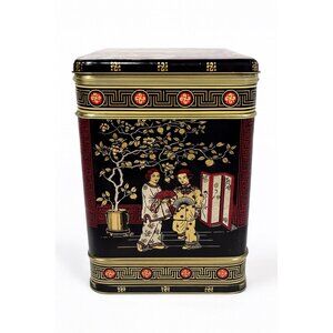English Tea Tin Caddy Vintage 1970s Chinese Hinged Lid Black Red Gold Cranes Asi